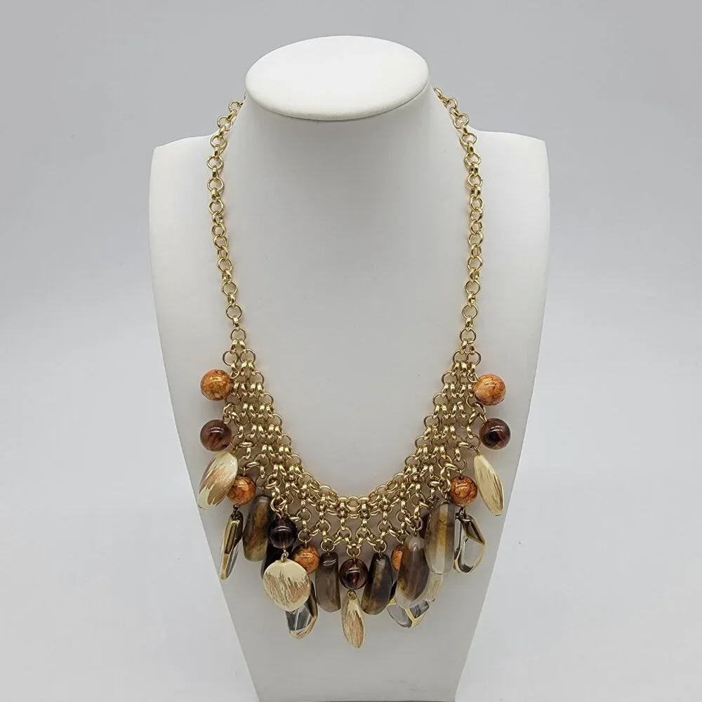 Bohemian Boho Statement Necklace Glass Multicolored Bead Gold toned  18” Braided